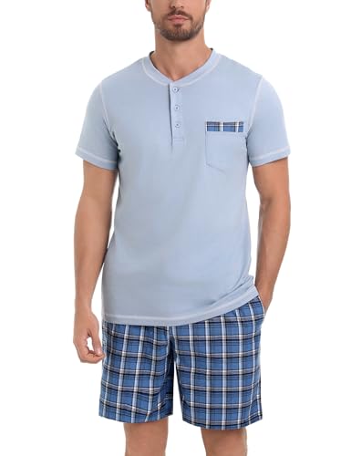 Litherday Pyjama Herren Kurz Schlafanzug Sommer Zweiteiliger Kurzarm Nachtwäsche aus 100% Baumwolle Schlafanzüge für Herren Kurz, Blau, L von Litherday
