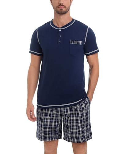 Litherday Pyjama Herren Kurz Schlafanzug Sommer Zweiteiliger Kurzarm Nachtwäsche aus 100% Baumwolle Pyjama Sleepwear Kurze Hose mit 2 Tasche, Dunkelblau, XL von Litherday