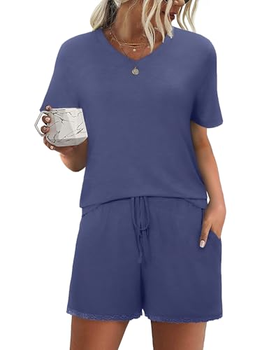 Litherday Pyjama Damen Kurz Sommer Baumwolle Schlafanzug Einfarbig Nachtwäsche Zweiteiliger Kurzarm Hausanzug mit Tasche Sleepwear Rosa XXL von Litherday