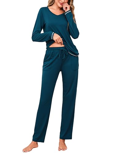 Litherday Schlafanzug Damen Baumwolle Lang Pyjamas Set Nachtwäsche Set Zweiteiliger Sleepwear und Pyjamahose Hausanzug Freizeitanzug von Litherday