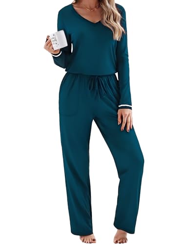 Litherday Schlafanzug Damen Baumwolle Lang Pyjamas Set Nachtwäsche Set Zweiteiliger Sleepwear und Pyjamahose Hausanzug Freizeitanzug von Litherday