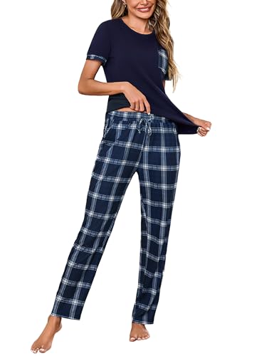 Litherday Schlafanzug Damen Baumwolle Pyjamas Set Kurzarm Nachtwäsche Set Zweiteiliger mit Lang Pyjamahose und Shirt Casual Elastischer Bund Sleepwear von Litherday