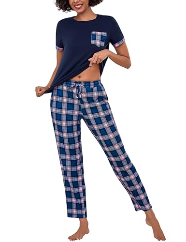 Litherday Schlafanzug Damen Baumwolle Pyjamas Set Kurzarm Nachtwäsche Set Zweiteiliger mit Lang Pyjamahose und Shirt Casual Elastischer Bund Sleepwear von Litherday
