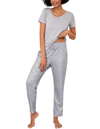 Litherday Schlafanzug Damen Baumwolle Pyjamas Set Kurzarm Nachtwäsche Set Zweiteiliger mit Lang Pyjamahose und Shirt Casual Elastischer Bund Sleepwear von Litherday