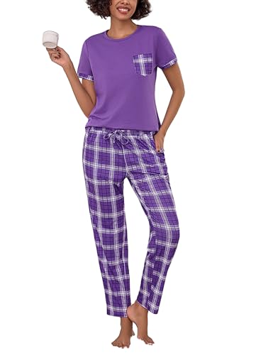 Litherday Schlafanzug Damen Baumwolle Pyjamas Set Kurzarm Nachtwäsche Set Zweiteiliger mit Lang Pyjamahose und Shirt Casual Elastischer Bund Sleepwear von Litherday