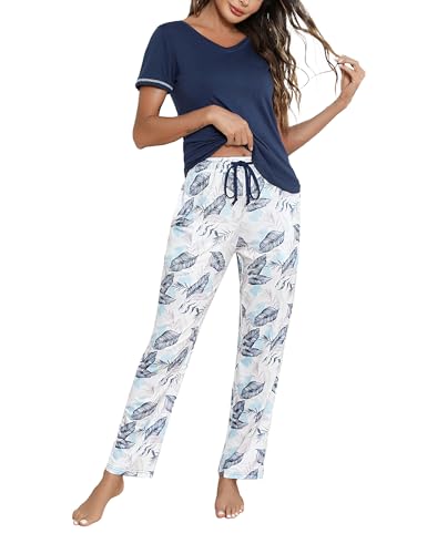 Litherday Schlafanzug Damen Baumwolle Pyjamas Set Kurzarm Nachtwäsche Set Zweiteiliger mit Lang Pyjamahose und Shirt Casual Elastischer Bund Sleepwear von Litherday