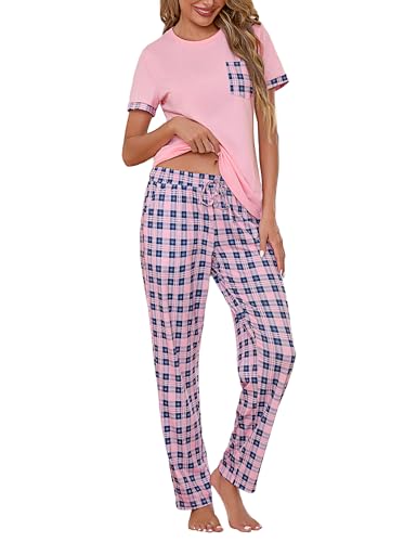 Litherday Schlafanzug Damen Baumwolle Pyjamas Set Kurzarm Nachtwäsche Set Zweiteiliger mit Lang Pyjamahose und Shirt Casual Elastischer Bund Sleepwear von Litherday