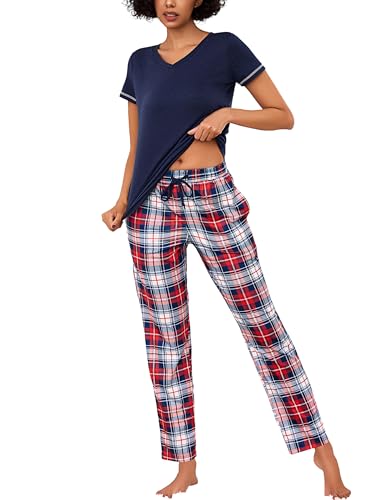 Litherday Schlafanzug Damen Baumwolle Pyjamas Set Kurzarm Nachtwäsche Set Zweiteiliger mit Lang Pyjamahose und Shirt Casual Elastischer Bund Sleepwear von Litherday