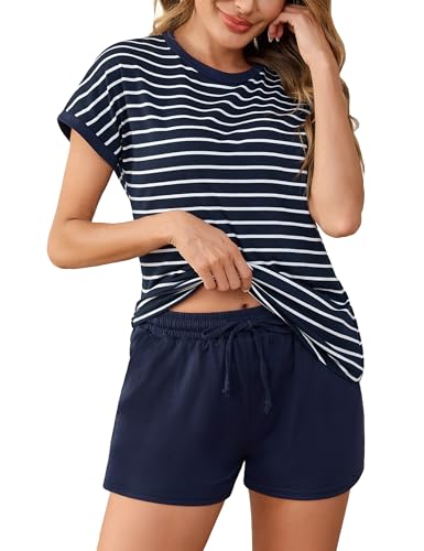Litherday Schlafanzug Damen Kurz Baumwolle Gestreift Nachtwäsche Kurzarm Pyjama Set Zweiteiliger T-Shirt mit Rundhals Sleepwear für Frauen Marineblau XL von Litherday