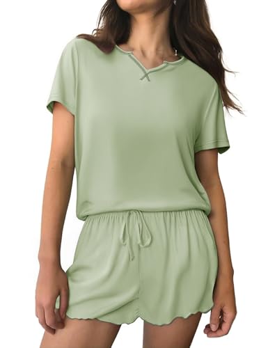 Litherday Schlafanzug Damen Kurz Baumwolle Kurzarm Pyjamas Set Schlafanzüge für Damen Sommer Nachtwäsche Set Zweiteiliger mit Taschen von Litherday