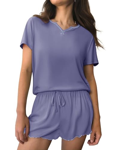 Litherday Schlafanzug Damen Kurz Baumwolle Kurzarm Pyjamas Set Schlafanzüge für Damen Sommer Nachtwäsche Set Zweiteiliger mit Taschen von Litherday