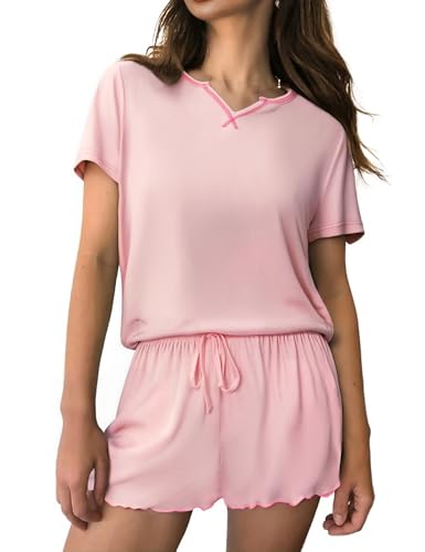 Litherday Schlafanzug Damen Kurz Baumwolle Kurzarm Pyjamas Set Schlafanzüge für Damen Sommer Nachtwäsche Set Zweiteiliger mit Taschen von Litherday