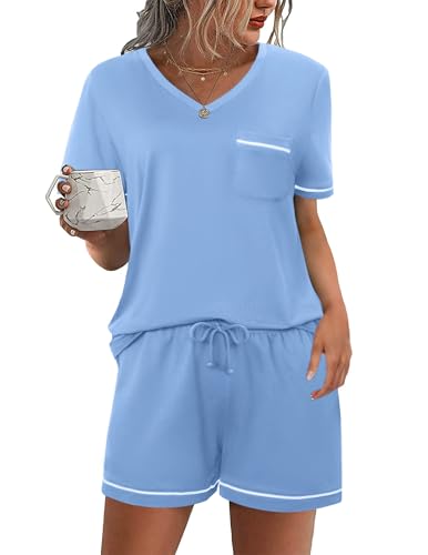 Litherday Schlafanzug Damen Kurz Baumwolle Pyjama Set Sommer Einfarbig Shorty Nachtwäsche Kurzarm Sleepwear Zweiteiliger T-Shirt mit Tasche Hellblau M von Litherday