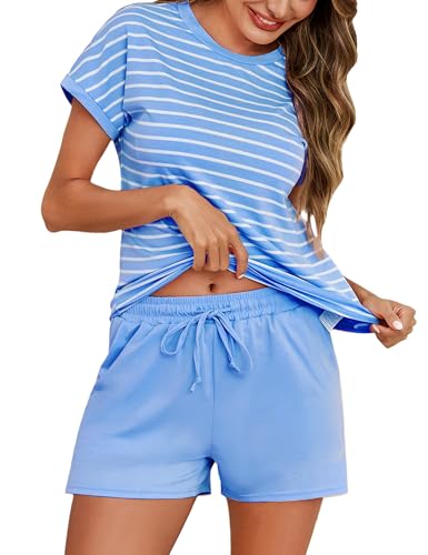 Litherday Schlafanzug Damen Kurz Baumwolle Pyjama Set Sommer Shorty Pyjama Gestreift Sleepwear Kurzarm Nachtwäsche Rundhals mit Tasche von Litherday