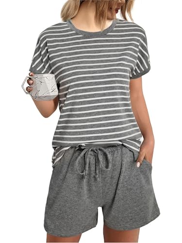 Litherday Schlafanzug Damen Kurz Baumwolle Pyjama Set Sommer Shorty Pyjama Gestreift Sleepwear Kurzarm Nachtwäsche Rundhals mit Tasche von Litherday