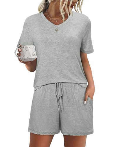 Litherday Schlafanzug Damen Kurz Baumwolle Sommer Zweiteiliger Pyjama Set Spitze Sommer Sleepwear Kurzarm V-Aussschnitt Nachtwäsche mit Tasche Hellgrau L von Litherday