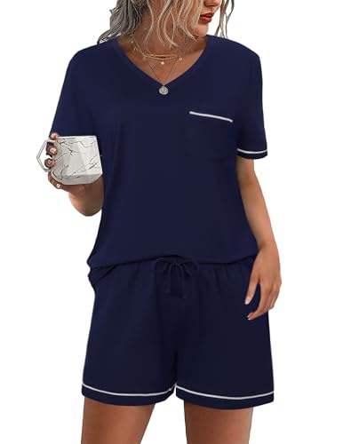 Litherday Pyjama Damen Kurz Baumwolle Pyjamas Set Sommer Nachtwäsche V-Ausschnitt Shorty Hausanzug Schlafanzüge für Damen Sleepwear Marine S von Litherday