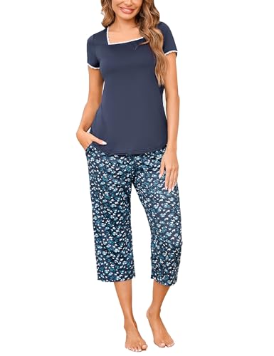 Litherday Schlafanzug Damen Kurz Baumwolle Zweiteiliger Pyjama Set Sommer Spitze Sleepwear Kurzarm Nachtwäsche mit Tasche für Frauen Dunkelblau XL von Litherday