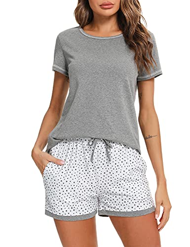 Litherday Schlafanzug Damen Kurz Pyjama Baumwolle Kurzarm Pyjamas Set Blätter Nachtwäsche Set Zweiteiliger Sleepwear für Sommer, Dunkelgrau, XXL von Litherday