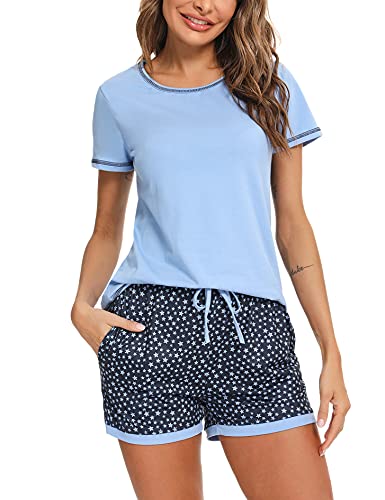 Litherday Schlafanzug Damen Kurz Pyjama Baumwolle Kurzarm Pyjamas Set Star Nachtwäsche Set Zweiteiliger mit Damen Pyjamahose und Shirt Rundhals Elastischer Bund Taschen Sleepwear für Sommer, Blau, XL von Litherday