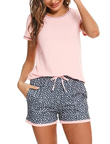 Litherday Schlafanzug Damen Kurz Pyjama Baumwolle Kurzarm Pyjamas Set Star Nachtwäsche Set Zweiteiliger mit Damen Pyjamahose und Shirt Rundhals Elastischer Bund Taschen Sleepwear für Sommer, Rosa, M von Litherday