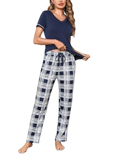 Litherday Schlafanzug Damen Baumwolle Pyjamas Set Kurzarm Nachtwäsche Set Zweiteiliger mit Lang Pyjamahose und Shirt Casual Elastischer Bund Sleepwear von Litherday