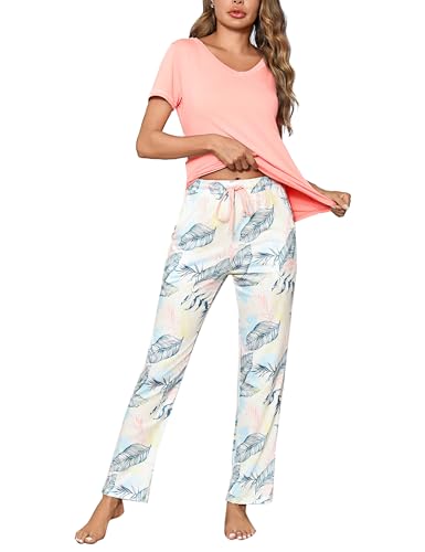 Litherday Schlafanzug Damen Baumwolle Pyjamas Set Kurzarm Nachtwäsche Set Zweiteiliger mit Lang Pyjamahose und Shirt Casual Elastischer Bund Sleepwear von Litherday