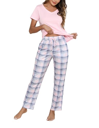 Litherday Schlafanzug Damen Baumwolle Pyjamas Set Kurzarm Nachtwäsche Set Zweiteiliger mit Lang Pyjamahose und Shirt Casual Elastischer Bund Sleepwear von Litherday
