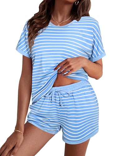 Litherday Schlafanzug Damen Kurz Pyjama Kurzarm Baumwolle Pyjamas Set Nachtwäsche Set Zweiteiliger mit Damen Pyjamahose und Shirt Rundhals Elastischer Bund Taschen Sleepwear Sommer von Litherday