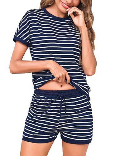 Litherday Schlafanzug Damen Kurz Pyjama Kurzarm Baumwolle Pyjamas Set Nachtwäsche Set Zweiteiliger mit Damen Pyjamahose und Shirt Rundhals Elastischer Bund Taschen Sleepwear Sommer von Litherday