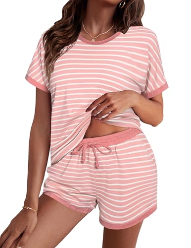 Litherday Schlafanzug Damen Kurz Pyjama Kurzarm Baumwolle Pyjamas Set Nachtwäsche Set Zweiteiliger mit Damen Pyjamahose und Shirt Rundhals Elastischer Bund Taschen Sleepwear Sommer von Litherday