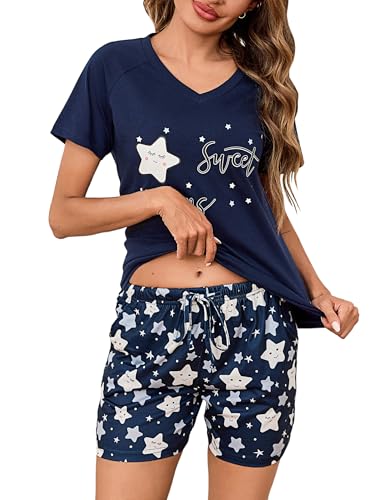 Litherday Schlafanzug Damen Kurz Pyjama Set Kurzarm Nachtwäsche Set Baumwolle Schlafhose Stern Gedruckt Sommer V Aussschnitt Loungewear Dunkelblau S von Litherday
