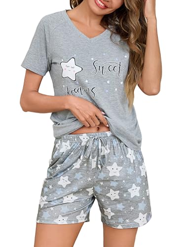 Litherday Schlafanzug Damen Kurz Pyjama Set Kurzarm Nachtwäsche Set Baumwolle Schlafhose Stern Gedruckt Sommer V Aussschnitt Loungewear Grau XXL von Litherday