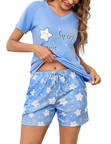 Litherday Schlafanzug Damen Kurz Pyjama Set Kurzarm Nachtwäsche Set Baumwolle Schlafhose Stern Gedruckt Sommer V Aussschnitt Loungewear Himmelblau XXL von Litherday