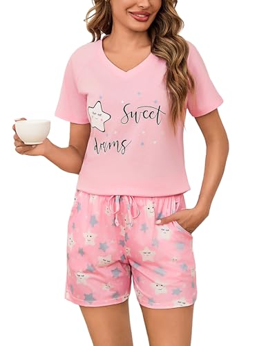 Litherday Schlafanzug Damen Kurz Pyjama Set Kurzarm Nachtwäsche Set Baumwolle Schlafhose Stern Gedruckt Sommer V Aussschnitt Loungewear Rosa XXL von Litherday