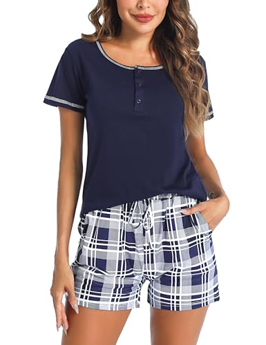 Litherday Schlafanzug Damen Kurz Pyjamas Set Baumwolle Zweiteiliger Kurzarm Pyjama Kariert Nachtwäsche Sleepwear für Sommer, Navy blau, S von Litherday