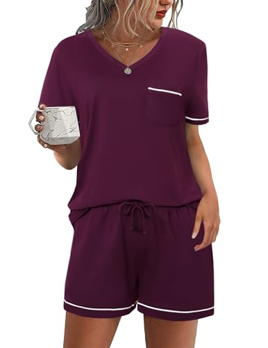 Litherday Schlafanzug Damen Kurz Baumwolle Pyjama Set Sommer Einfarbig Shorty Nachtwäsche Kurzarm Sleepwear Zweiteiliger T-Shirt mit Tasche Dunkelviolett XL von Litherday