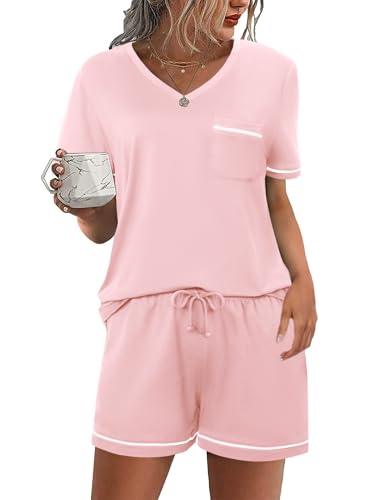 Litherday Schlafanzug Damen Kurz Baumwolle Pyjama Set T-Shirt Shorts Kurzarm Sommer V-Ausschnitt Zweiteiliger Nachtwäsche Loungewear mit Tasche Rosa XL von Litherday
