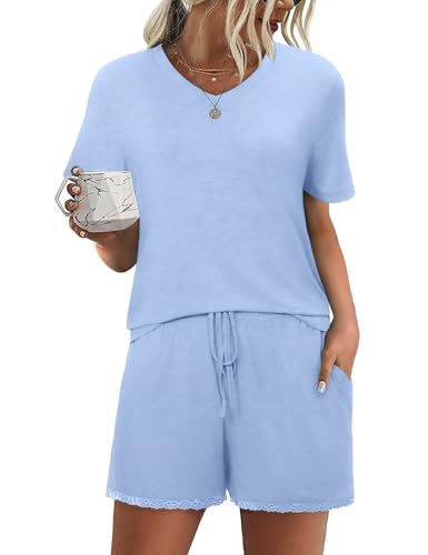Litherday Schlafanzug Damen Kurz Zweiteiliger Pyjama Set Sommer Spitze Nachtwäsche Baumwolle Shorty Sleepwear V-Aussschnitt Loungewear Blau M von Litherday