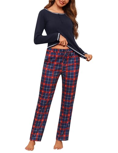 Litherday Schlafanzug Damen Lang Baumwolle Pyjama Kariert Nachtwäsche Winter Pyjama Set Zweiteiliger Rundhals Sleepwear von Litherday