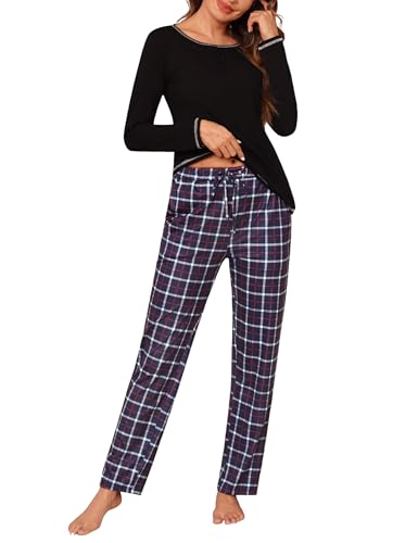 Litherday Schlafanzug Damen Lang Baumwolle Pyjama Kariert Nachtwäsche Winter Pyjama Set Zweiteiliger Rundhals Sleepwear von Litherday