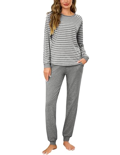 Litherday Schlafanzug Damen Lang Baumwolle Pyjama Set Nachtwäsche Winter Zweiteiliger Gestreift Sleepwear und Pyjamahose mit Tasche von Litherday