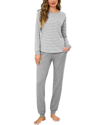 Litherday Schlafanzug Damen Lang Baumwolle Pyjama Set Nachtwäsche Winter Zweiteiliger Gestreift Sleepwear und Pyjamahose mit Tasche von Litherday
