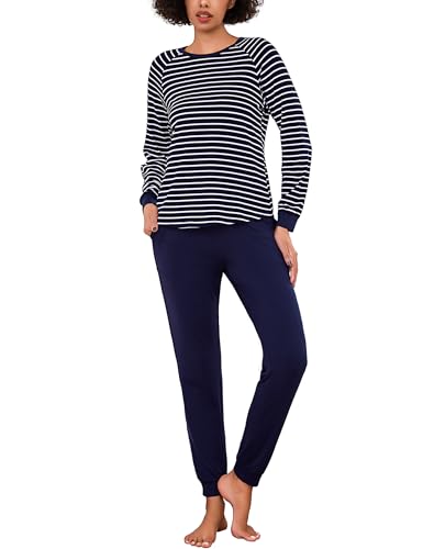 Litherday Schlafanzug Damen Lang Baumwolle Pyjama Set Nachtwäsche Winter Zweiteiliger Gestreift Sleepwear und Pyjamahose mit Tasche von Litherday