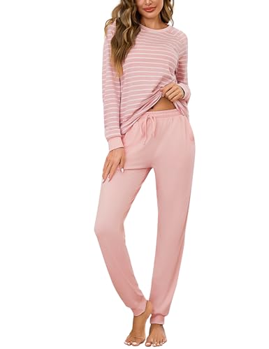 Litherday Schlafanzug Damen Lang Baumwolle Pyjama Set Nachtwäsche Winter Zweiteiliger Gestreift Sleepwear und Pyjamahose mit Tasche von Litherday