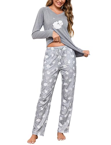 Litherday Schlafanzug Damen Lang Baumwolle Pyjama Set Winter Langarm Loungewear Nachtwäsche mit V-Ausschnitt Taschen für Teenager Mädchen Grau Schaf XL von Litherday
