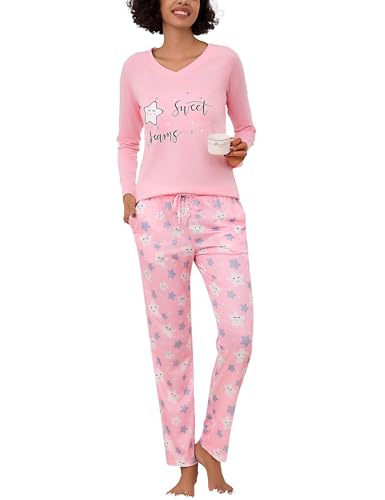 Litherday Schlafanzug Damen Lang Baumwolle Pyjama Set Winter Langarm Loungewear Nachtwäsche mit V-Ausschnitt Taschen für Teenager Mädchen Rosa XL von Litherday