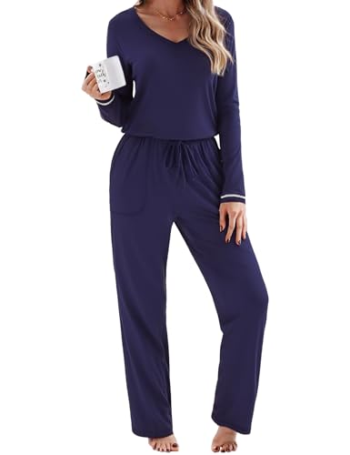 Litherday Schlafanzug Damen Lang Baumwolle Pyjamas Set Nachtwäsche Set Zweiteiliger Sleepwear und Pyjamahose Hausanzug Freizeitanzug von Litherday