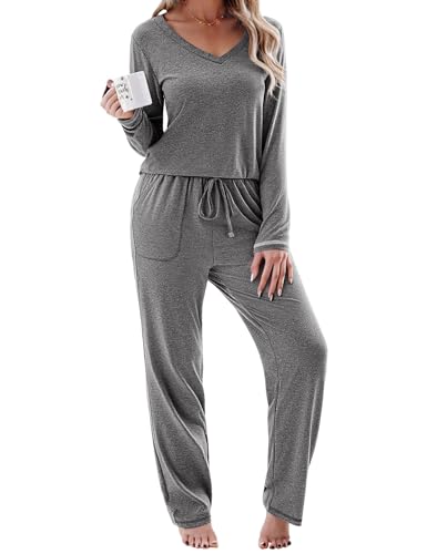 Litherday Schlafanzug Damen Lang Baumwolle Pyjamas Set Nachtwäsche Set Zweiteiliger Sleepwear und Pyjamahose Hausanzug Freizeitanzug von Litherday