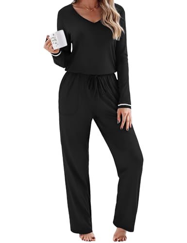Litherday Schlafanzug Damen Lang Baumwolle Pyjamas Set Nachtwäsche Set Zweiteiliger Sleepwear und Pyjamahose Hausanzug Freizeitanzug von Litherday